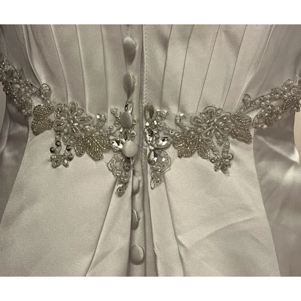Satin Empire Waist A-Line Wedding Gown with Beaded Crystal Detail - Picture 6 of 11